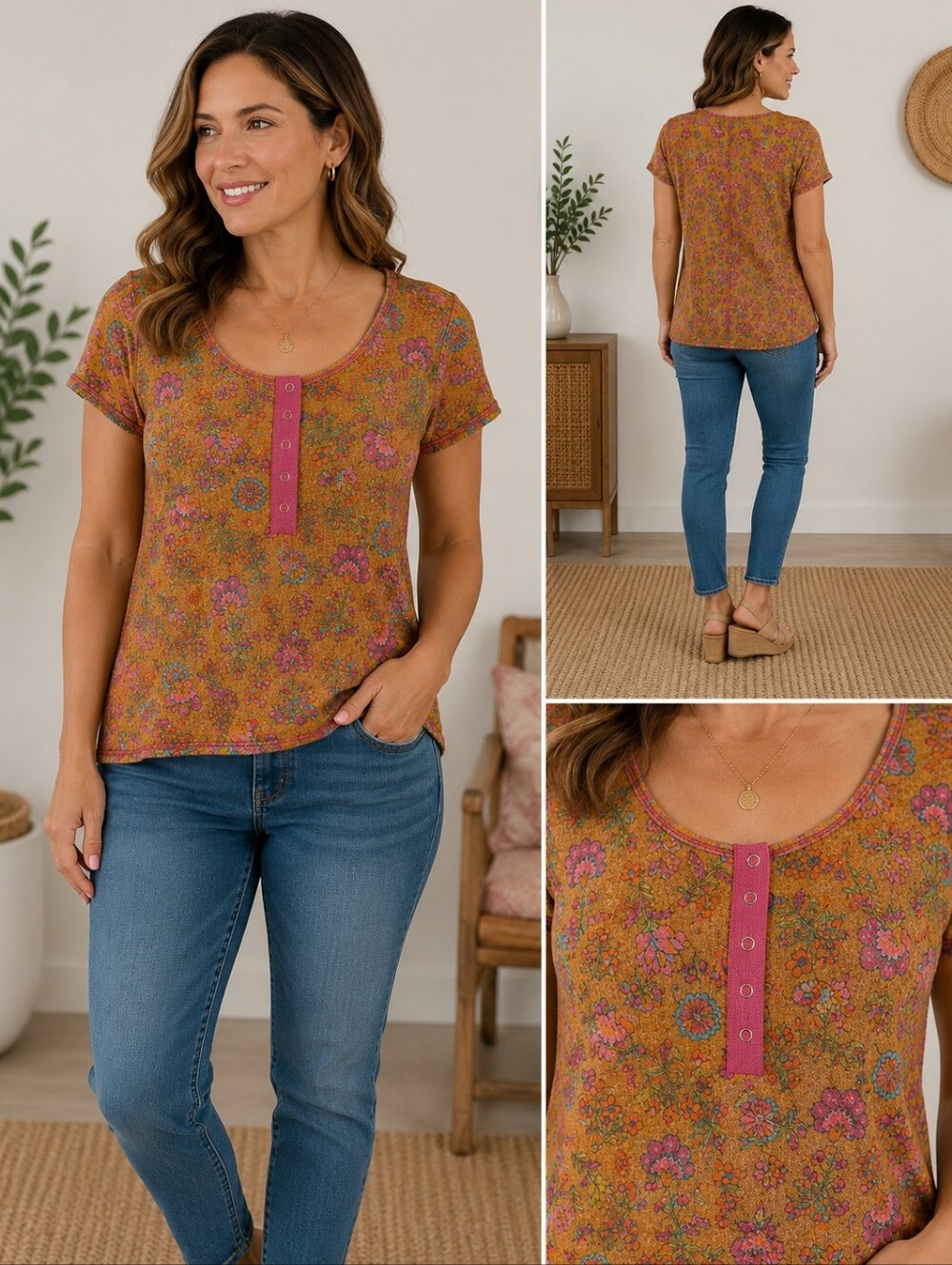 Natural Life Floral Thermal Knit Henley Top Size Large Boho Cottagecore NW A-172